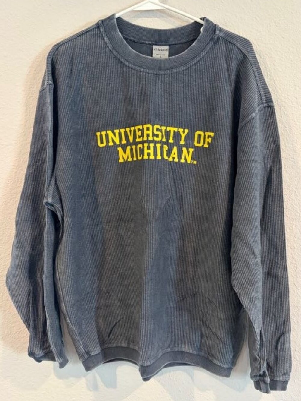 NEW Chicka-d Womens Classic Casual Blue Ribbed University Of Michigan Crewneck S